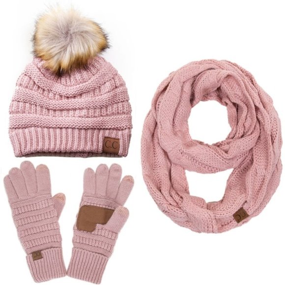 C.C 3pc Knit Warm Pom Beanie Gloves Scarves Set main image 5